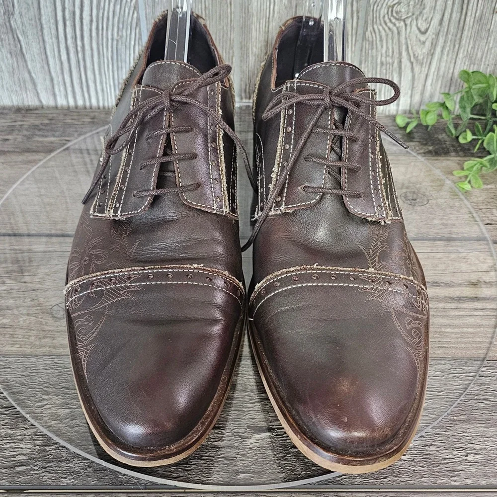 T2[in] Leather Oxford Dress Shoes Men's 45 Engraved‎ Design Frayed Stitch Spain